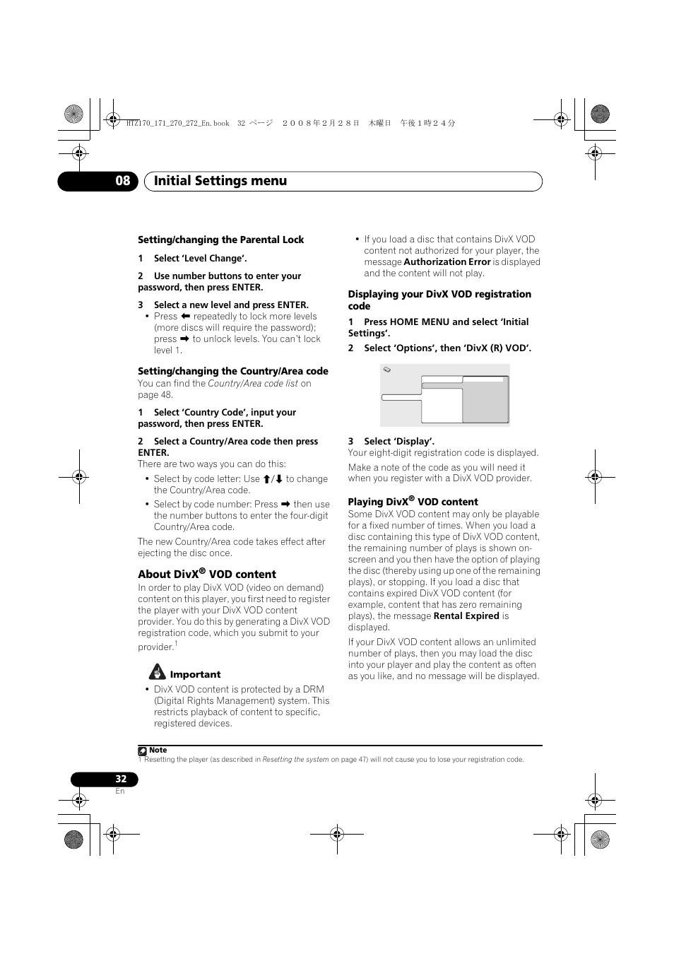 About divx, Vod content, Initial settings menu 08 | Pioneer HTZ272DVD User Manual | Page 32 / 102