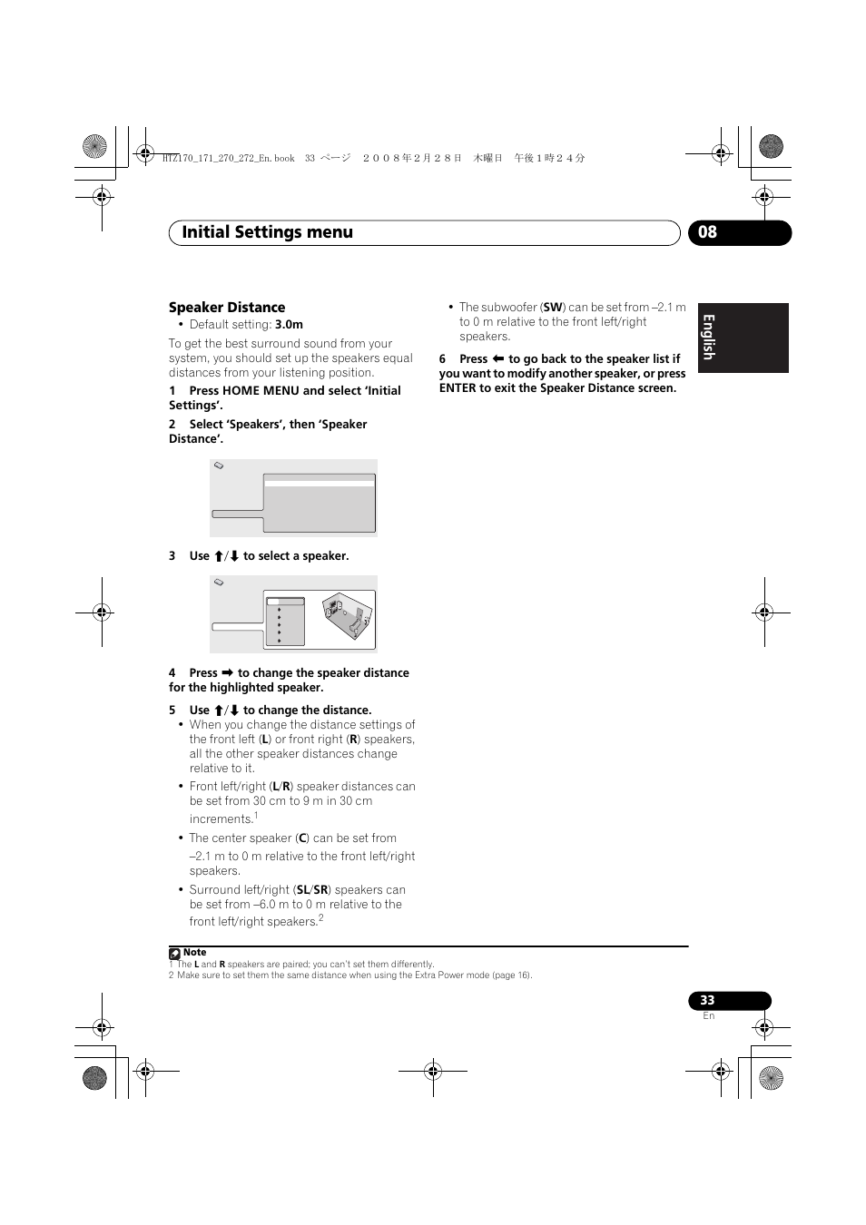 Speaker distance, Initial settings menu 08 | Pioneer HTZ272DVD User Manual | Page 33 / 102