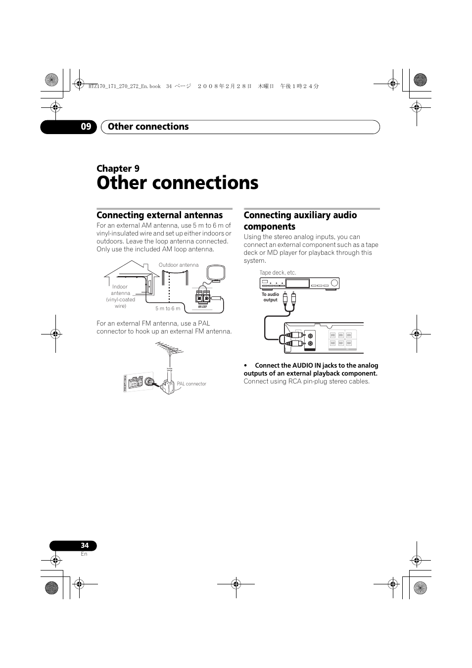 Connecting external antennas, Connecting auxiliary audio components, Other connections | Other connections 09, Chapter 9 | Pioneer HTZ272DVD User Manual | Page 34 / 102