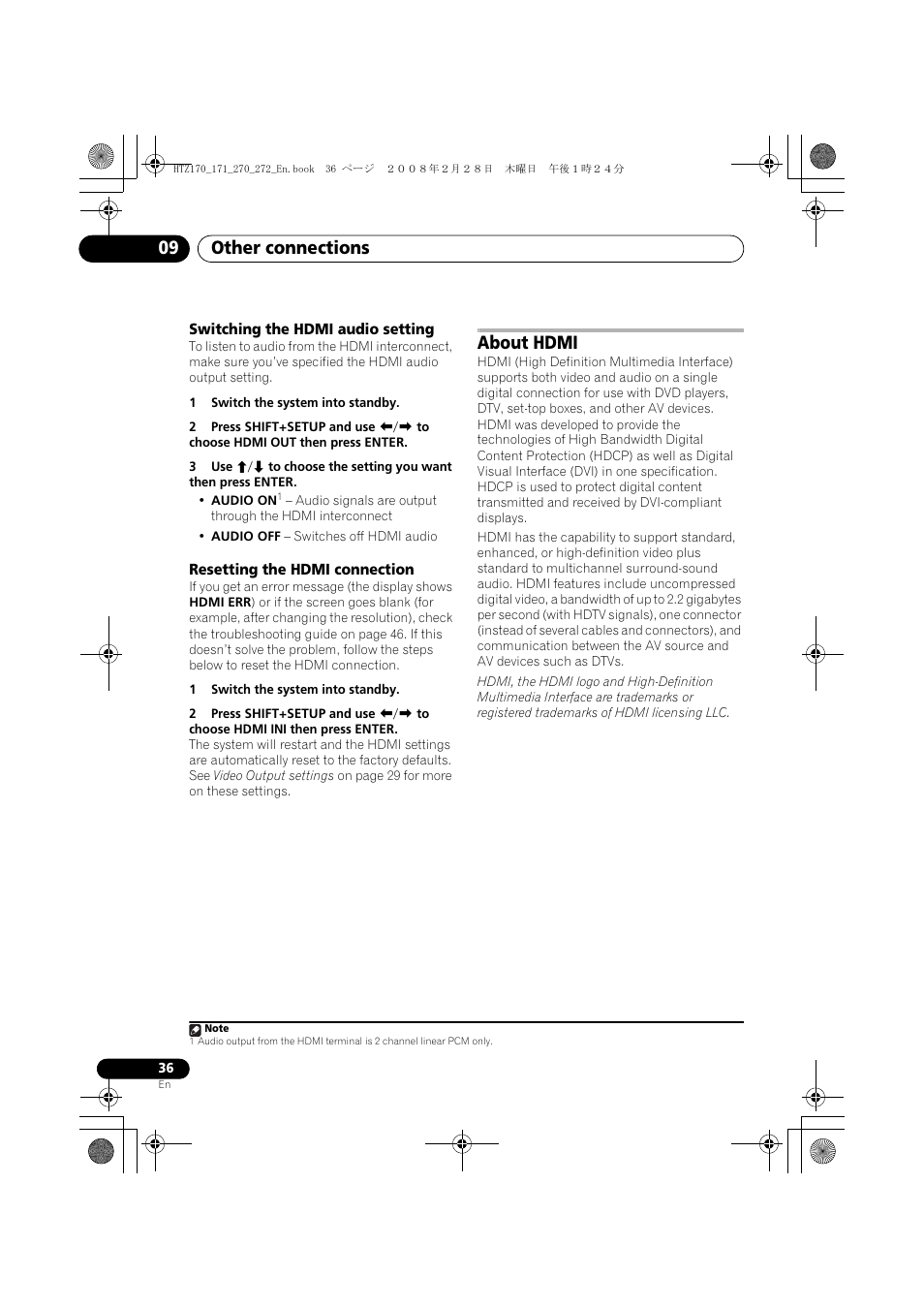 Switching the hdmi audio setting, Resetting the hdmi connection, About hdmi | Other connections 09 | Pioneer HTZ272DVD User Manual | Page 36 / 102