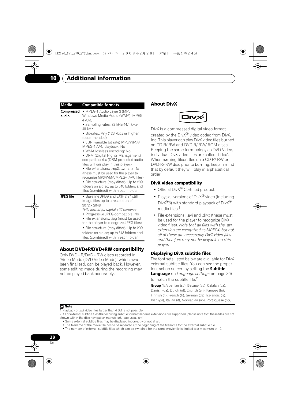 About dvd+r/dvd+rw compatibility, About divx, Additional information 10 | Pioneer HTZ272DVD User Manual | Page 38 / 102