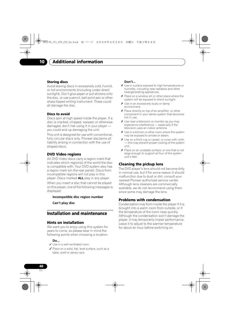 Dvd video regions, Installation and maintenance, Hints on installation | Cleaning the pickup lens, Problems with condensation, Additional information 10 | Pioneer HTZ272DVD User Manual | Page 40 / 102