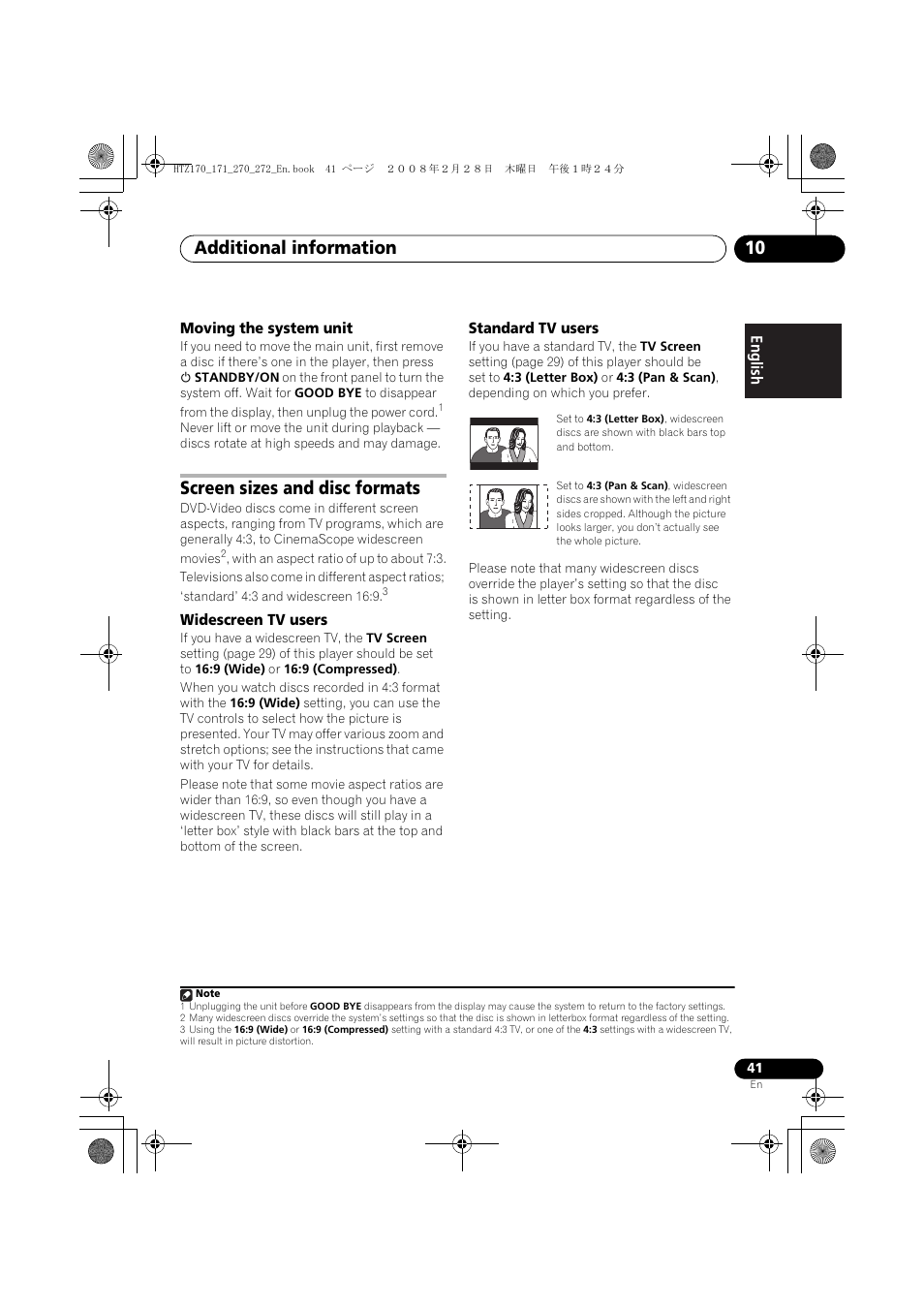 Moving the system unit, Screen sizes and disc formats, Widescreen tv users | Standard tv users, Additional information 10 | Pioneer HTZ272DVD User Manual | Page 41 / 102