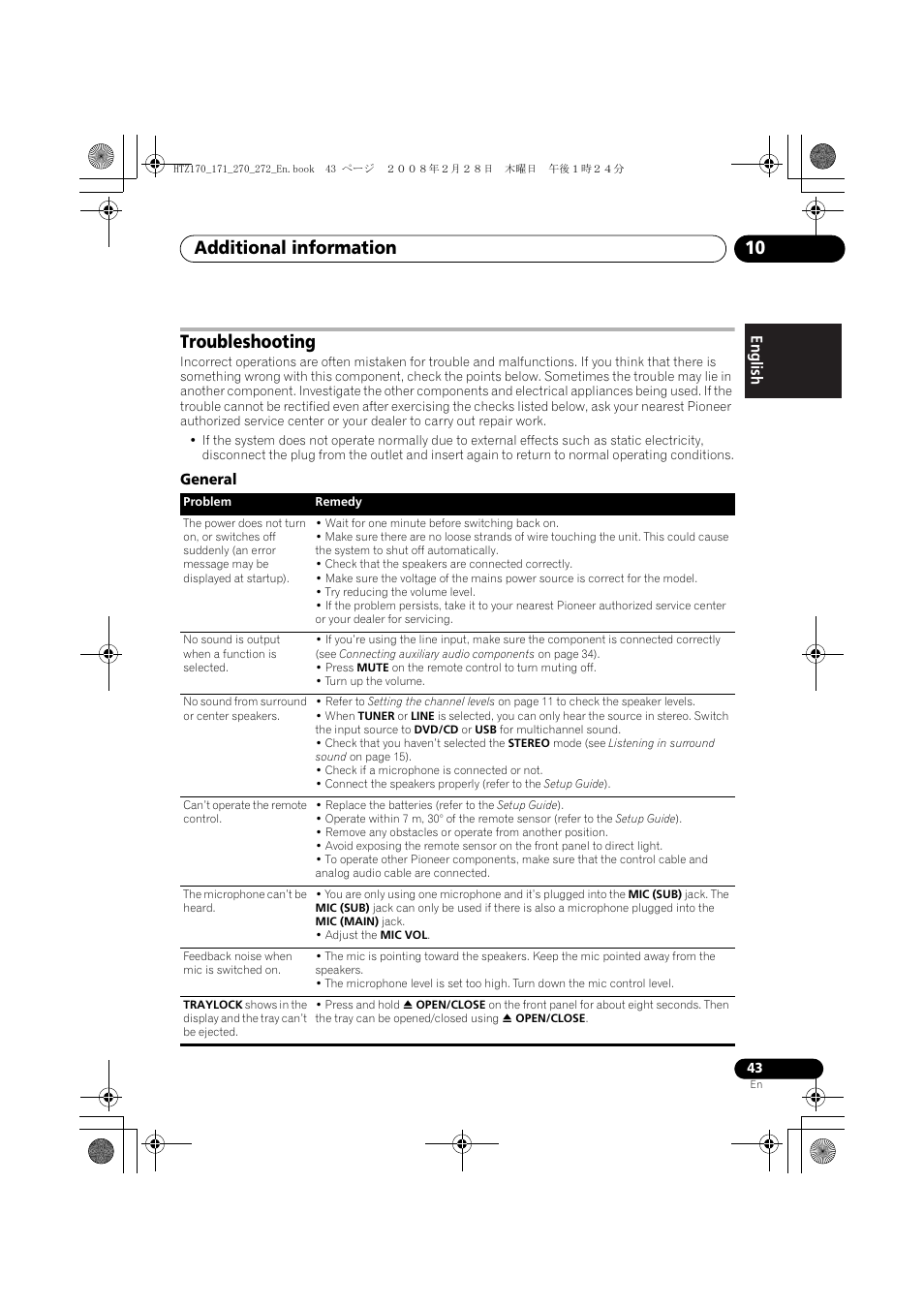 Troubleshooting, General, Additional information 10 | Pioneer HTZ272DVD User Manual | Page 43 / 102