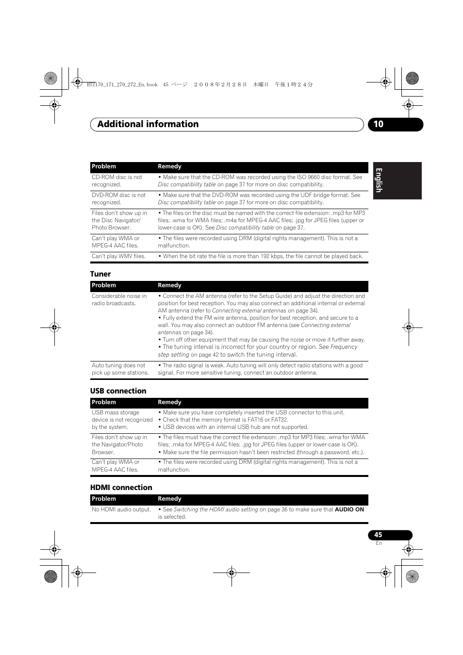 Tuner, Usb connection, Hdmi connection | Additional information 10 | Pioneer HTZ272DVD User Manual | Page 45 / 102