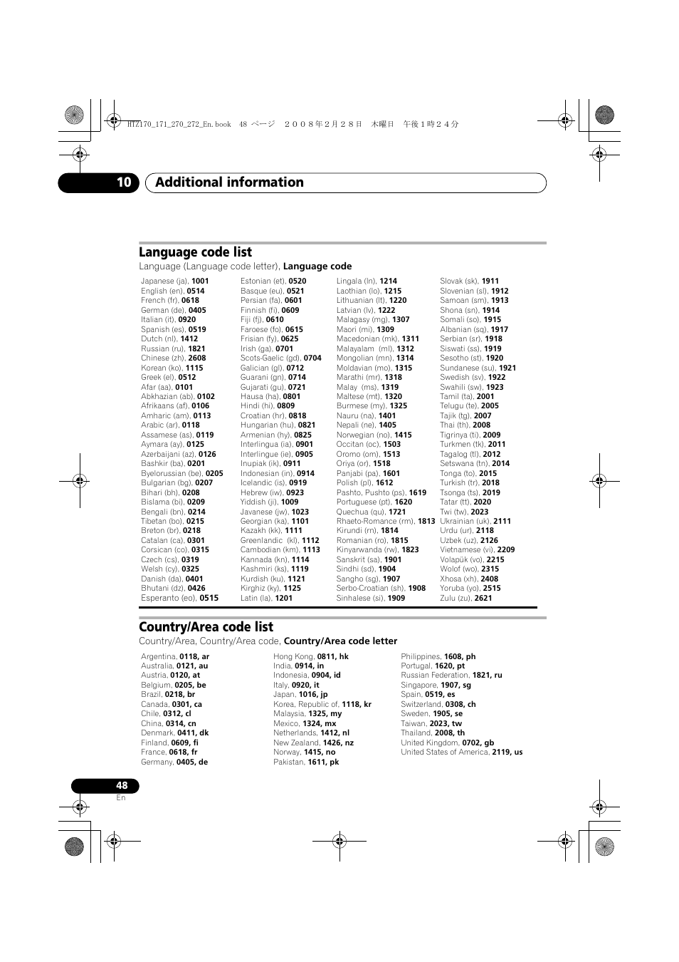 Language code list, Country/area code list, Additional information 10 | Pioneer HTZ272DVD User Manual | Page 48 / 102