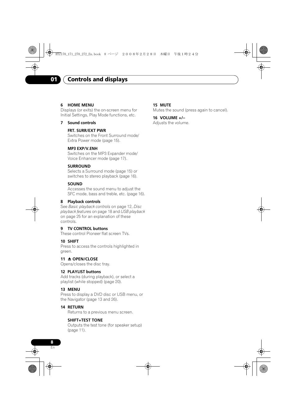 Controls and displays 01 | Pioneer HTZ272DVD User Manual | Page 8 / 102