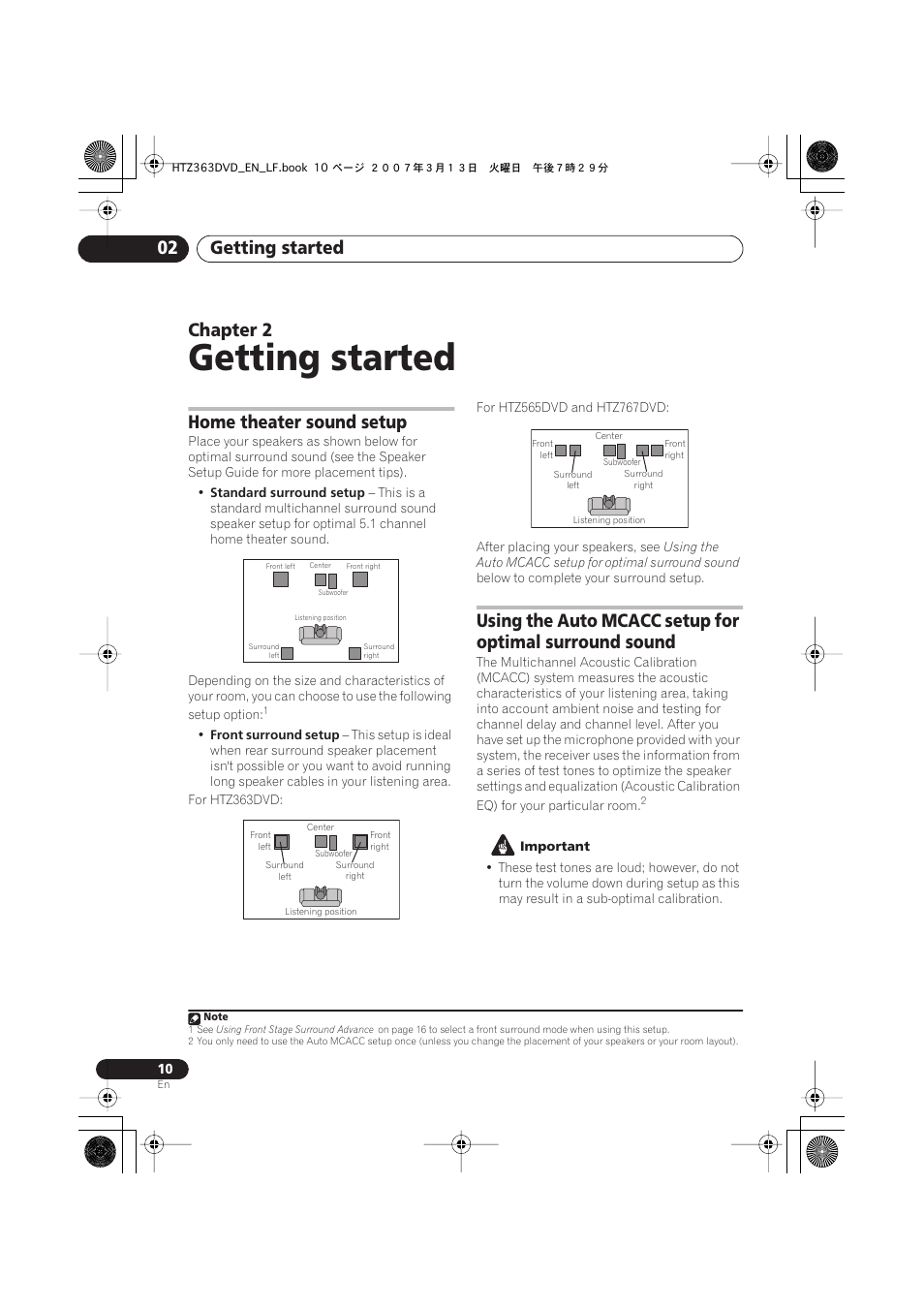 02 getting started, Home theater sound setup, Getting started | Getting started 02, Chapter 2 | Pioneer S-DV2T User Manual | Page 10 / 102