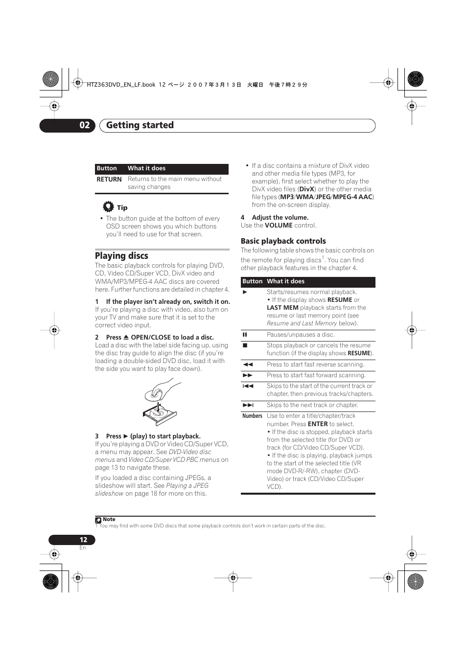 Playing discs, Basic playback controls, Getting started 02 | Pioneer S-DV2T User Manual | Page 12 / 102