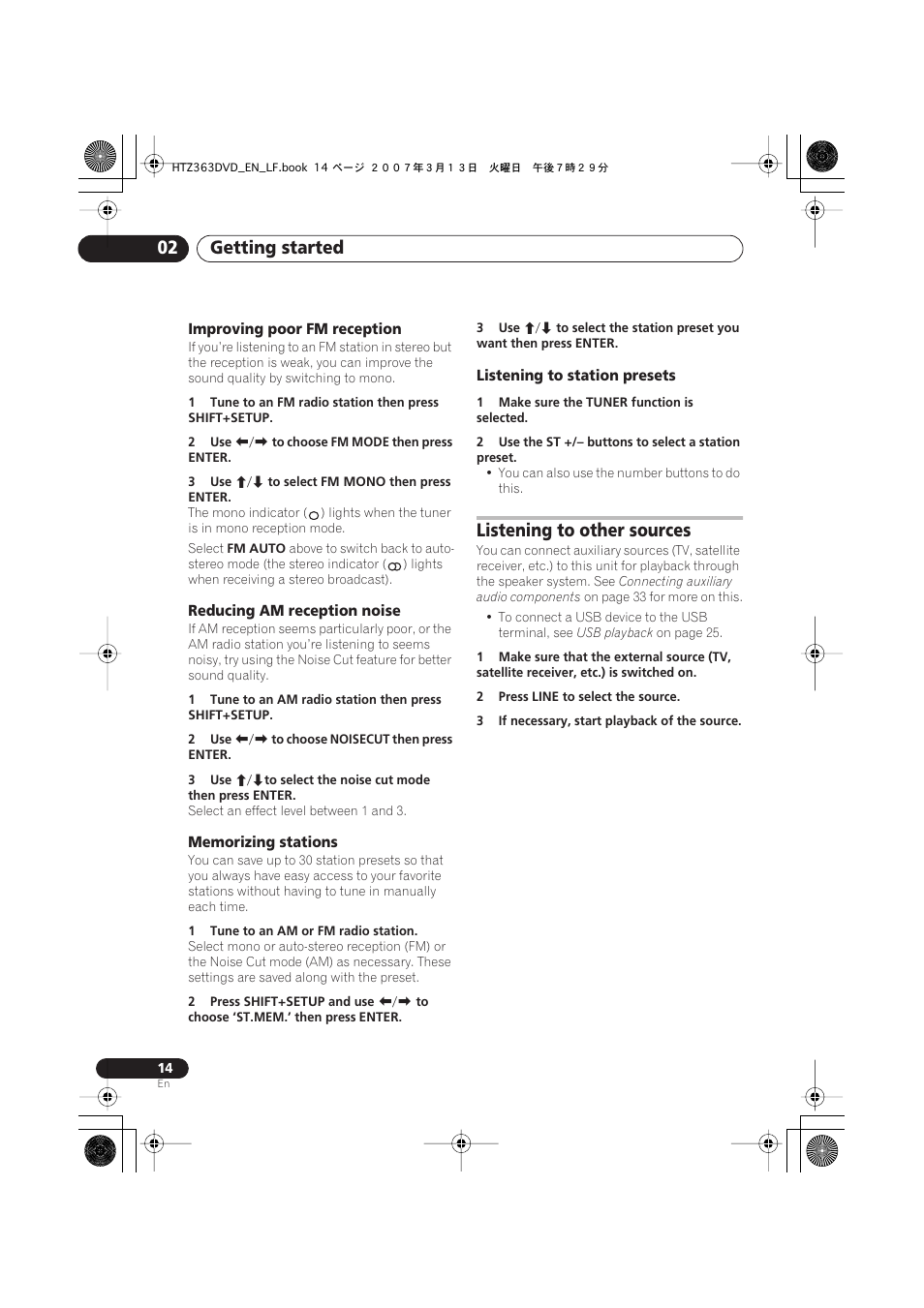 Improving poor fm reception, Reducing am reception noise, Memorizing stations | Listening to station presets, Listening to other sources, Getting started 02 | Pioneer S-DV2T User Manual | Page 14 / 102