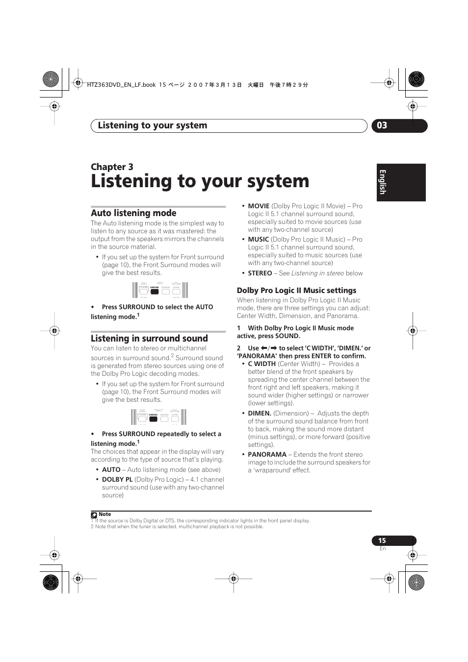 03 listening to your system, Auto listening mode, Listening in surround sound | Dolby pro logic ii music settings, Listening to your system, Listening to your system 03, Chapter 3 | Pioneer S-DV2T User Manual | Page 15 / 102