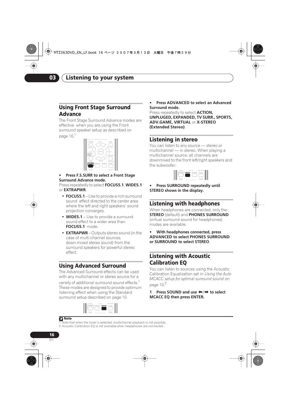 Using front stage surround advance, Using advanced surround, Listening in stereo | Listening with headphones, Listening with acoustic calibration eq, Listening to your system 03 | Pioneer S-DV2T User Manual | Page 16 / 102