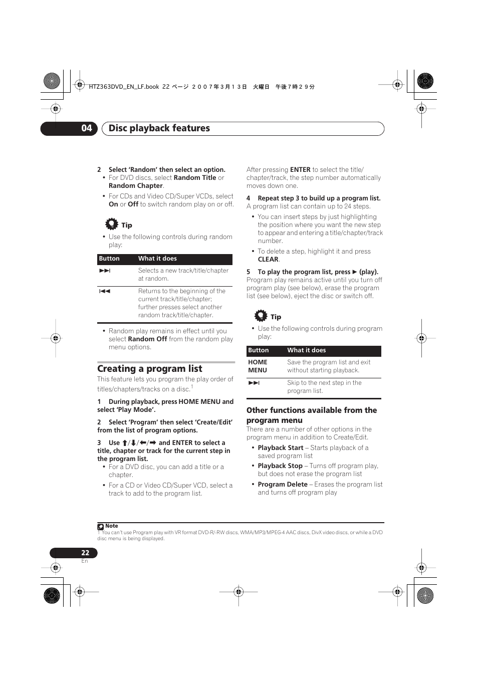 Creating a program list, Other functions available from the program menu, Disc playback features 04 | Pioneer S-DV2T User Manual | Page 22 / 102
