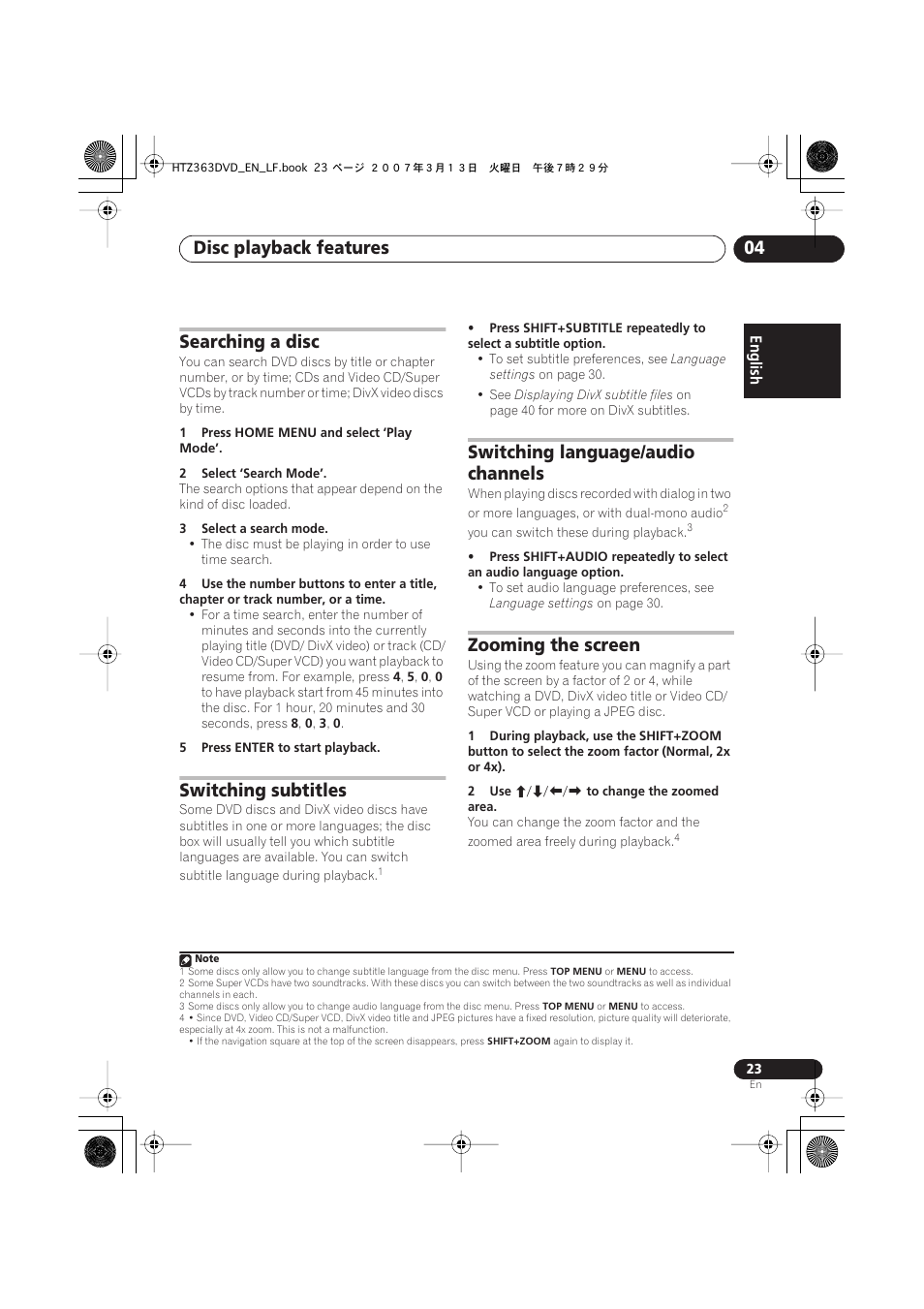 Searching a disc, Switching subtitles, Switching language/audio channels | Zooming the screen, Disc playback features 04 | Pioneer S-DV2T User Manual | Page 23 / 102