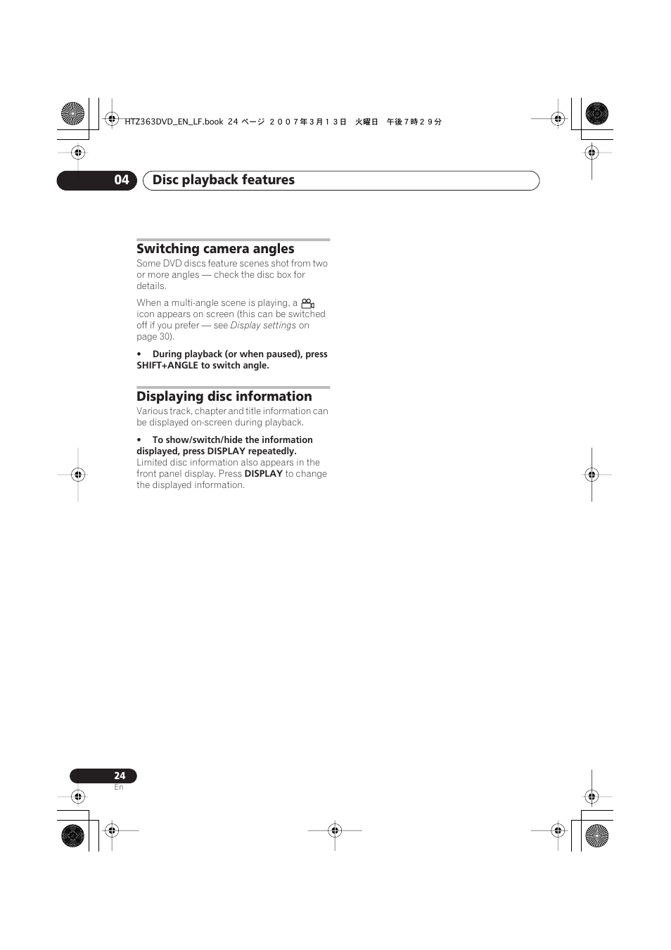 Switching camera angles, Displaying disc information, Disc playback features 04 | Pioneer S-DV2T User Manual | Page 24 / 102