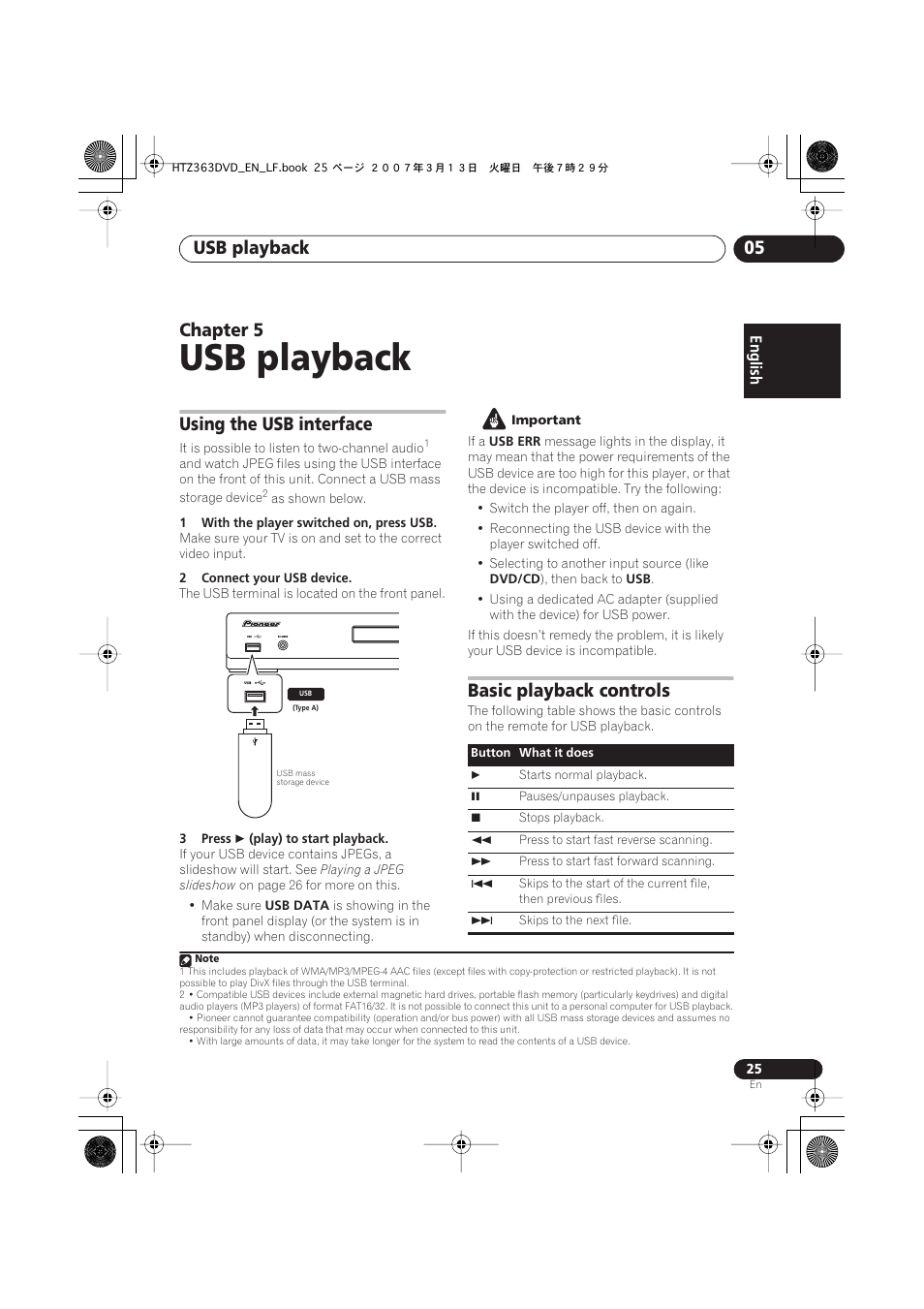 05 usb playback, Using the usb interface, Basic playback controls | Usb playback, Usb playback 05, Chapter 5 | Pioneer S-DV2T User Manual | Page 25 / 102