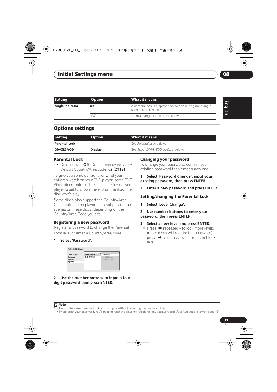 Options settings, Parental lock, Initial settings menu 08 | Pioneer S-DV2T User Manual | Page 31 / 102