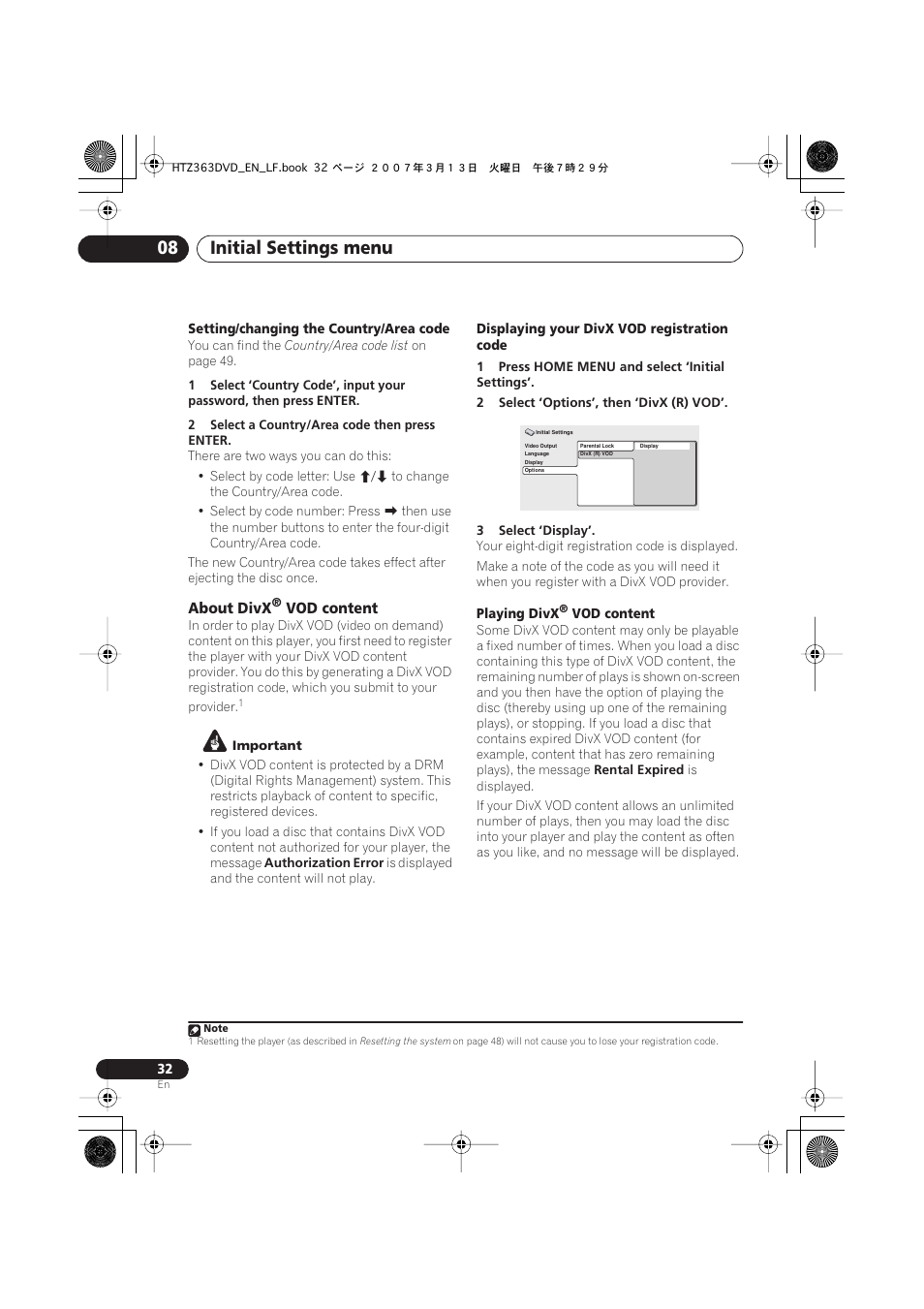 About divx® vod content, Initial settings menu 08, About divx | Vod content | Pioneer S-DV2T User Manual | Page 32 / 102