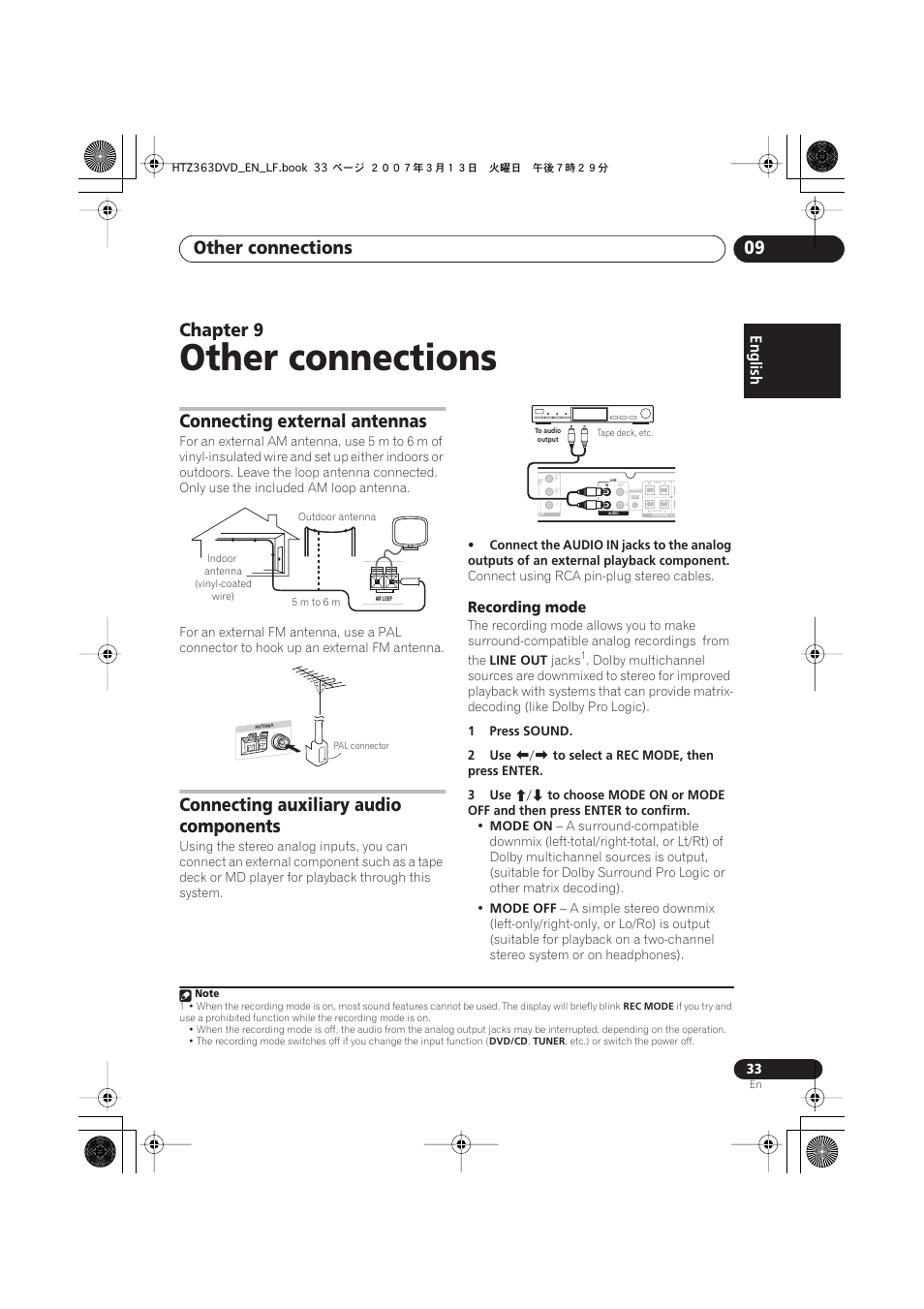 09 other connections, Connecting external antennas, Connecting auxiliary audio components | Recording mode, Other connections, Other connections 09, Chapter 9 | Pioneer S-DV2T User Manual | Page 33 / 102