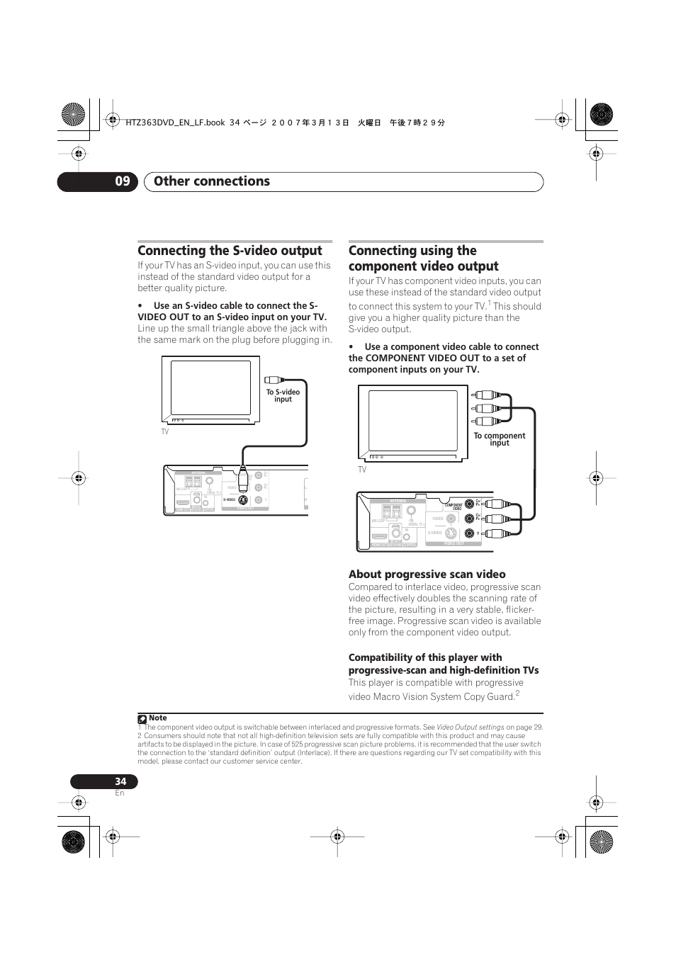 Connecting the s-video output, Connecting using the component video output, About progressive scan video | Other connections 09, Use an s-video cable to connect the, S- video out, Use a component video cable to connect the, Component video out | Pioneer S-DV2T User Manual | Page 34 / 102