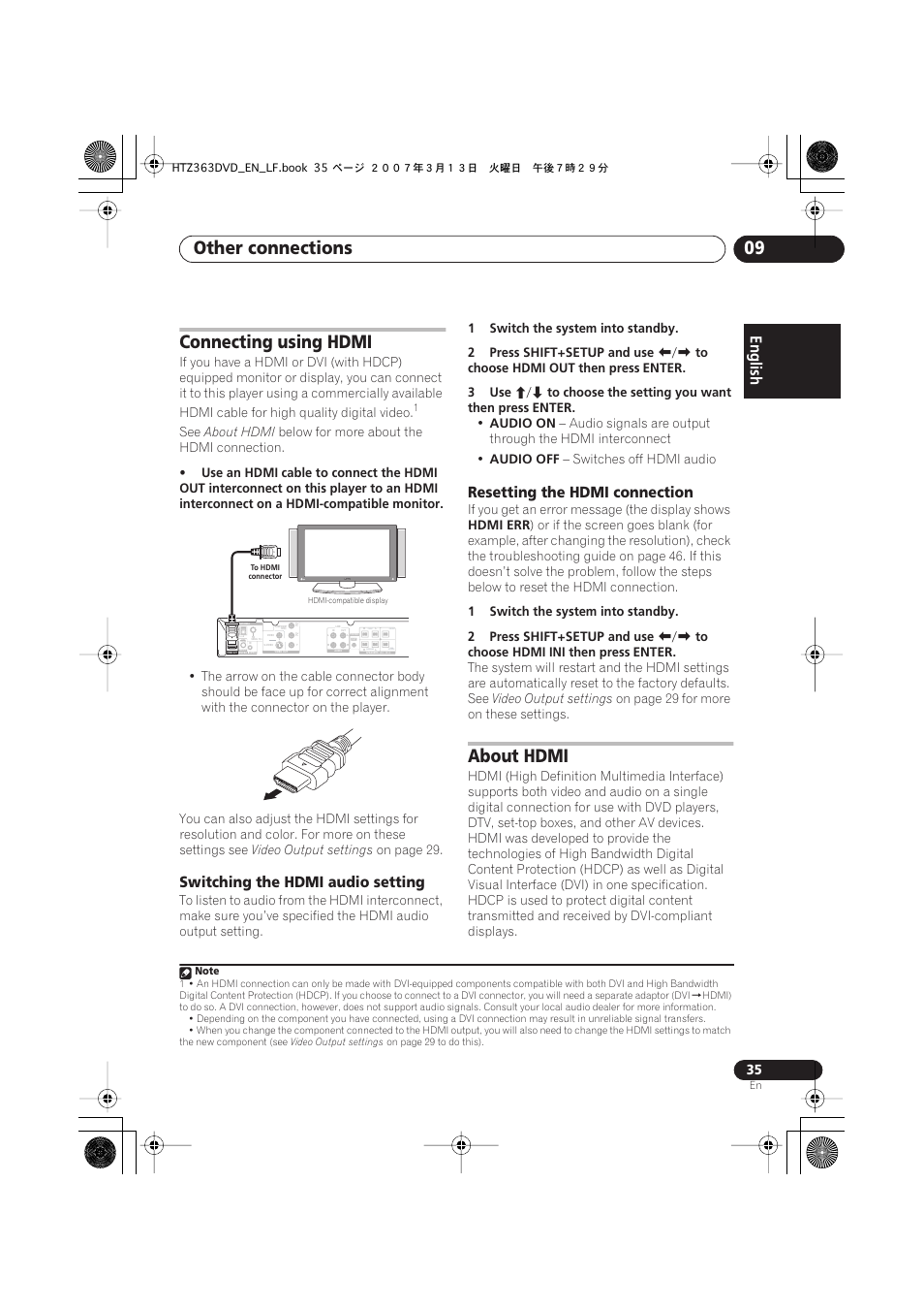 Connecting using hdmi, Switching the hdmi audio setting, Resetting the hdmi connection | About hdmi, Other connections 09 | Pioneer S-DV2T User Manual | Page 35 / 102