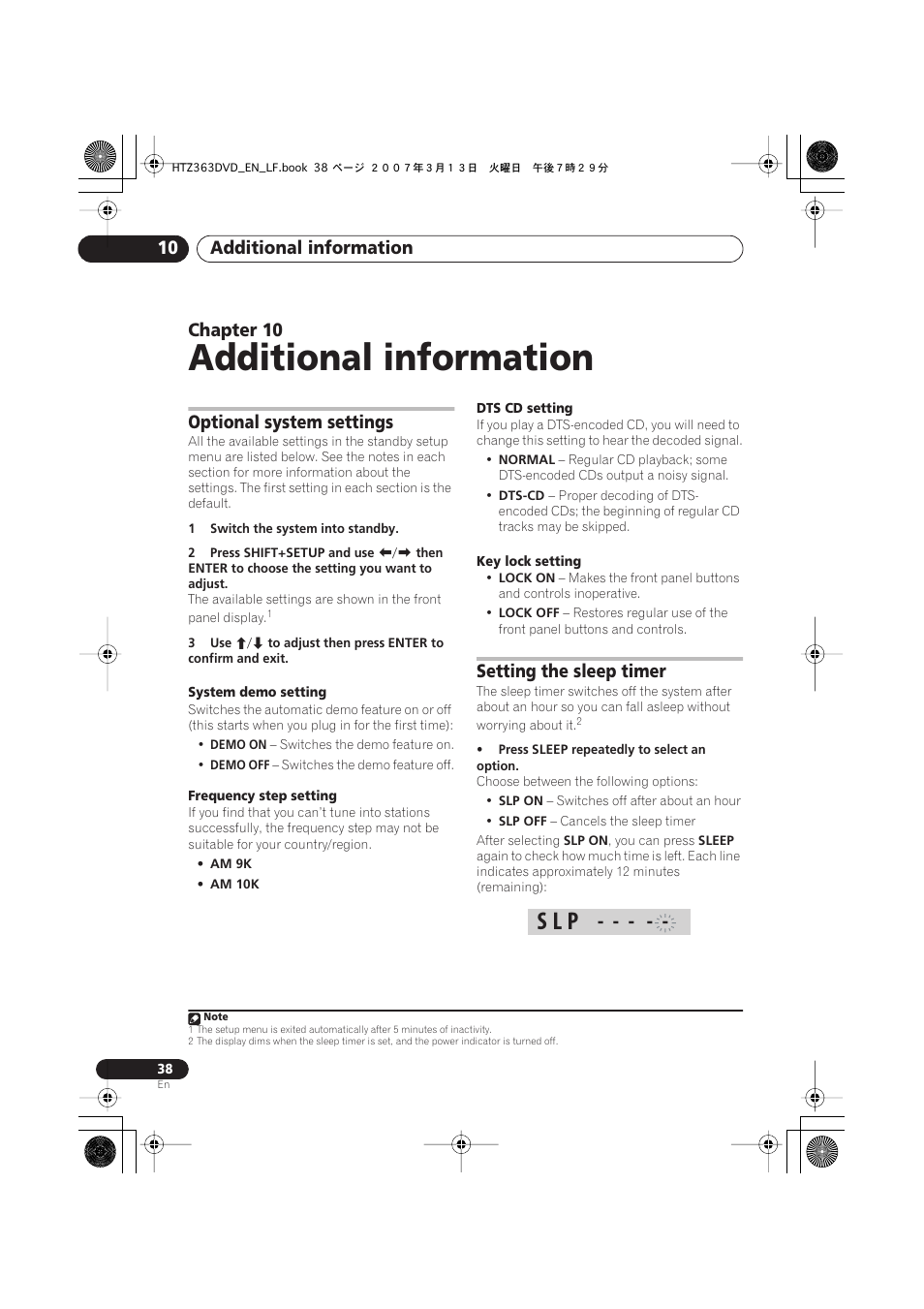 10 additional information, Optional system settings, Setting the sleep timer | Additional information, S l p, Additional information 10, Chapter 10 | Pioneer S-DV2T User Manual | Page 38 / 102