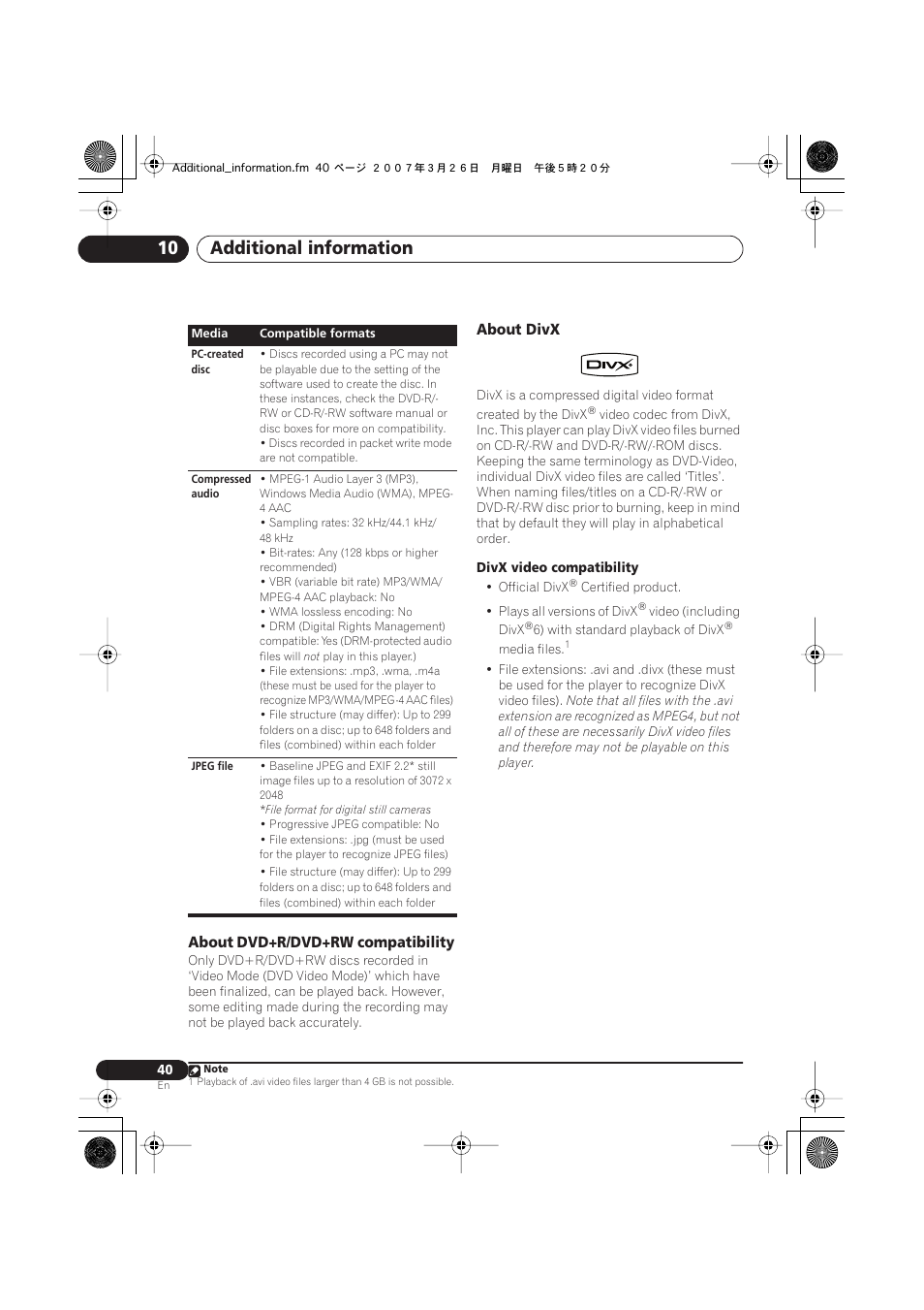 About dvd+r/dvd+rw compatibility, About divx, Additional information 10 | Pioneer S-DV2T User Manual | Page 40 / 102
