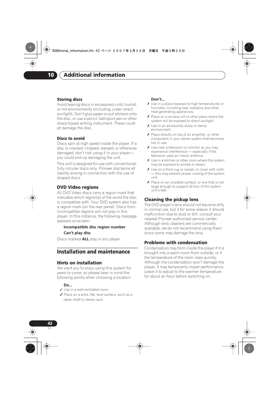 Dvd video regions, Installation and maintenance, Hints on installation | Cleaning the pickup lens, Problems with condensation, Additional information 10 | Pioneer S-DV2T User Manual | Page 42 / 102