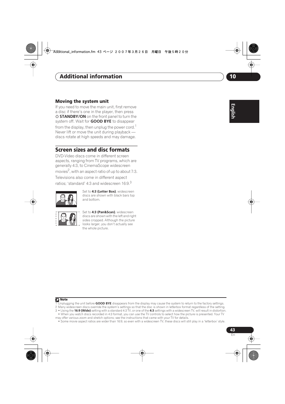 Moving the system unit, Screen sizes and disc formats, Additional information 10 | Pioneer S-DV2T User Manual | Page 43 / 102