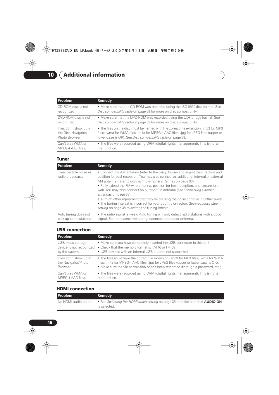 Tuner, Usb connection, Hdmi connection | Additional information 10, Tuner usb connection hdmi connection | Pioneer S-DV2T User Manual | Page 46 / 102