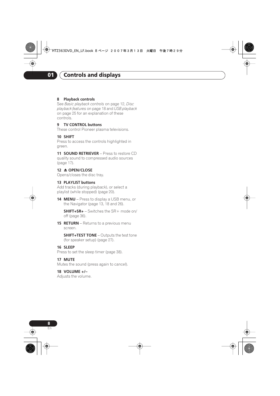 Controls and displays 01 | Pioneer S-DV2T User Manual | Page 8 / 102