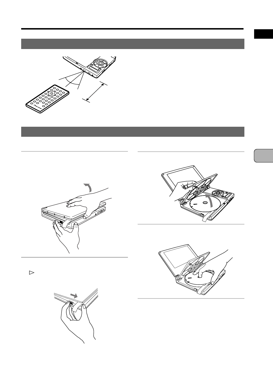 Remote control unit operating range, Removing the player’s shipping spacer, Lift the lid to open it | Gently remove the shipping spacer | Pioneer PDV-10 User Manual | Page 17 / 128