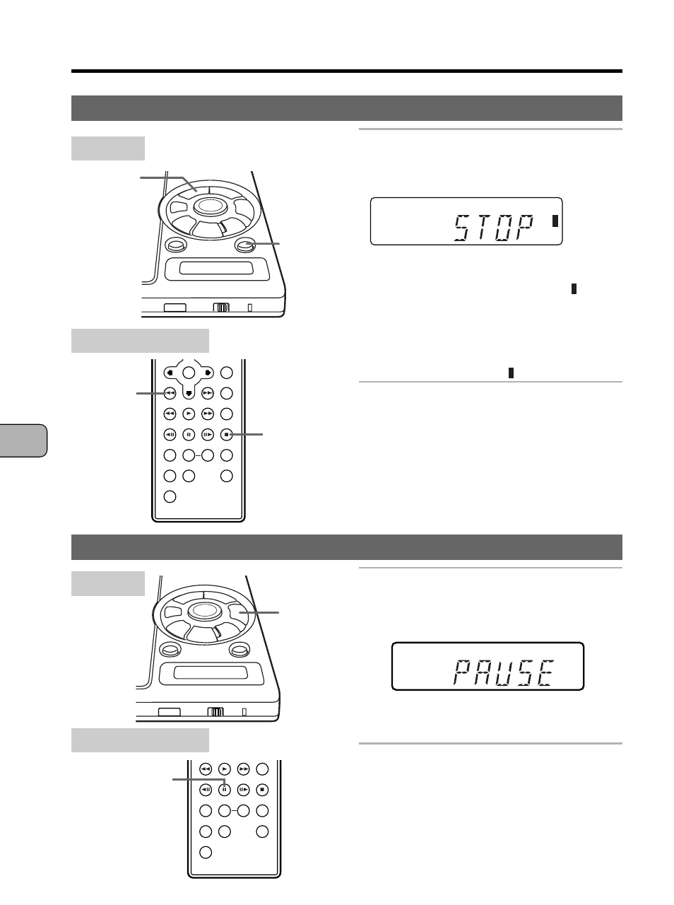Stopping the disc, Pausing the disc, Press the stop button | Press the play/pause button, Basic opera tion playback functions, Main unit remote control unit, Resume function (dvds and video cds) | Pioneer PDV-10 User Manual | Page 52 / 128
