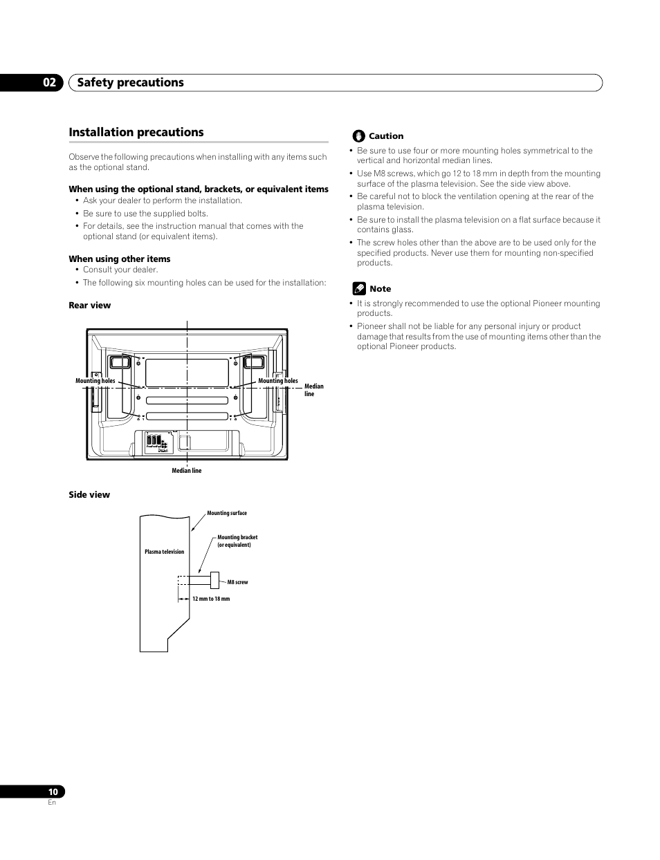 02 safety precautions, Installation precautions, Safety precautions 02 | Pioneer PDP-4270XA User Manual | Page 10 / 267