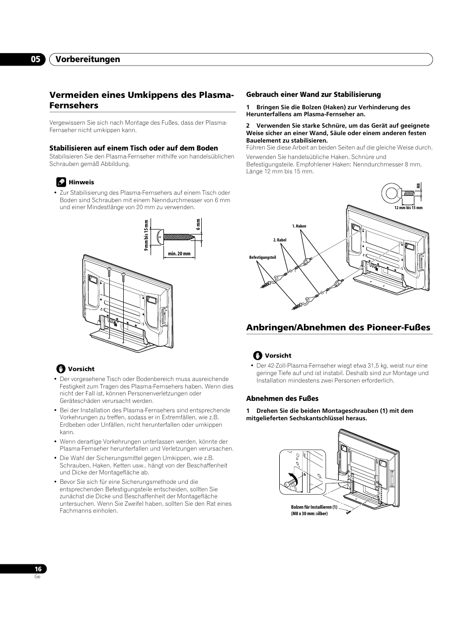 Vermeiden eines umkippens des plasma-fernsehers, Stabilisieren auf einem tisch oder auf dem boden, Gebrauch einer wand zur stabilisierung | Anbringen/abnehmen des pioneer-fußes, Abnehmen des fußes, Vorbereitungen 05, Vermeiden eines umkippens des plasma- fernsehers | Pioneer PDP-4270XA User Manual | Page 104 / 267