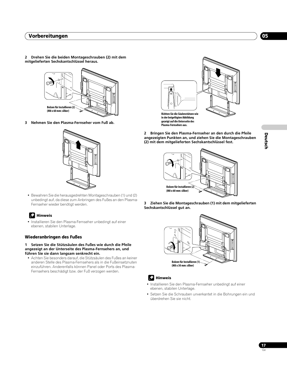 Wiederanbringen des fußes, Vorbereitungen 05 | Pioneer PDP-4270XA User Manual | Page 105 / 267