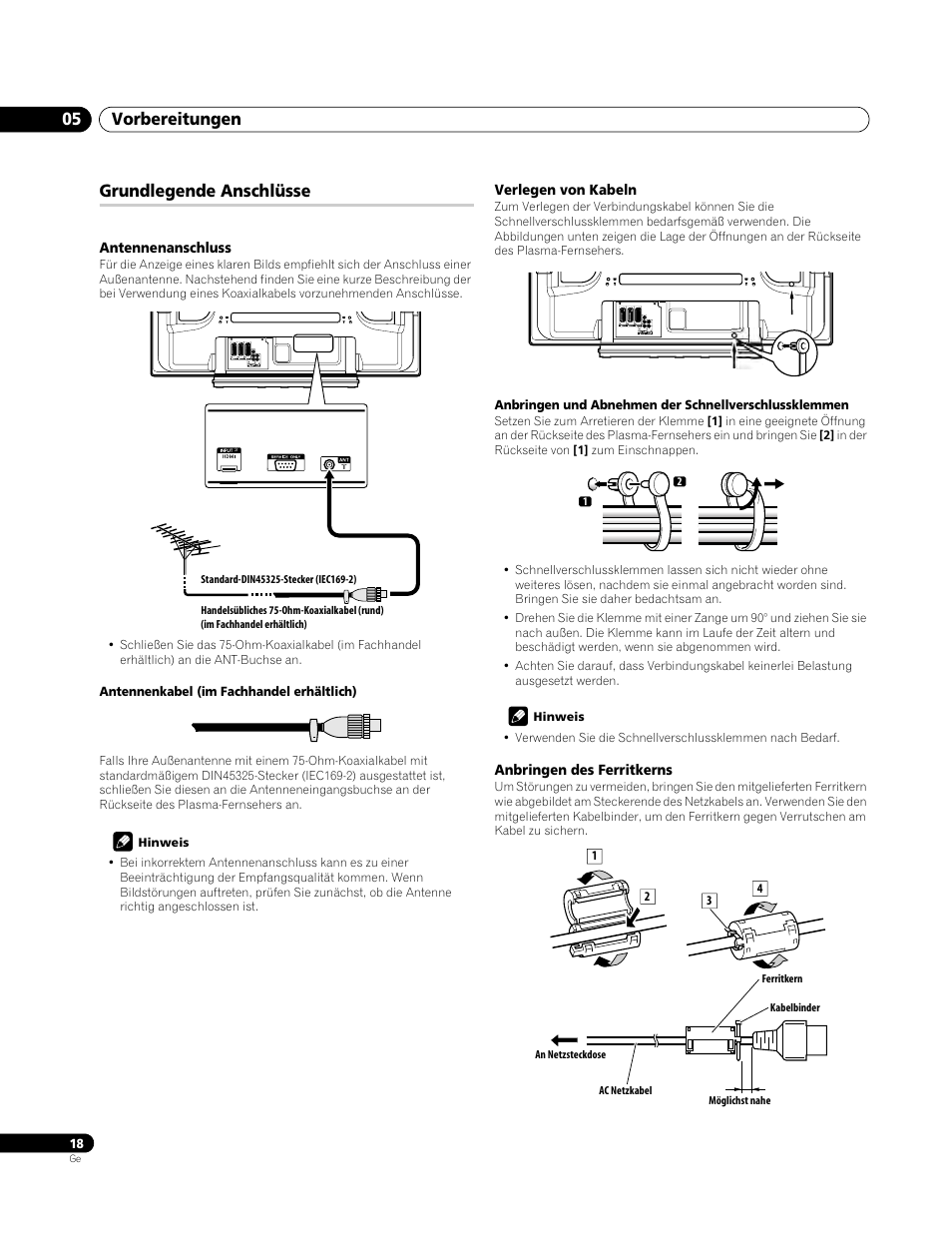 Grundlegende anschlüsse, Antennenanschluss, Verlegen von kabeln | Anbringen des ferritkerns, Vorbereitungen 05 | Pioneer PDP-4270XA User Manual | Page 106 / 267