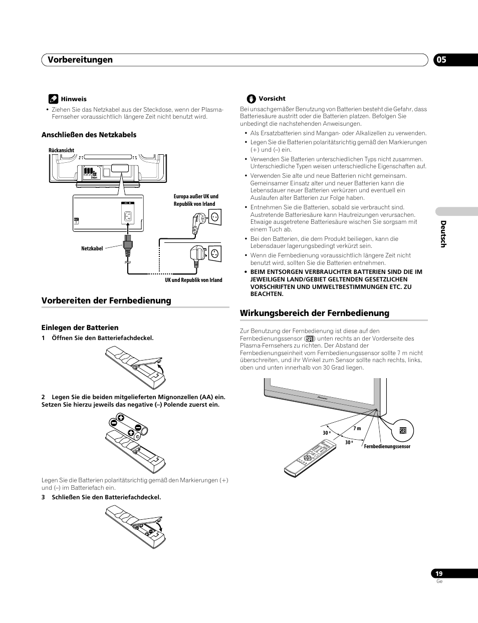 Anschließen des netzkabels, Vorbereiten der fernbedienung, Einlegen der batterien | Wirkungsbereich der fernbedienung, Vorbereitungen 05 | Pioneer PDP-4270XA User Manual | Page 107 / 267