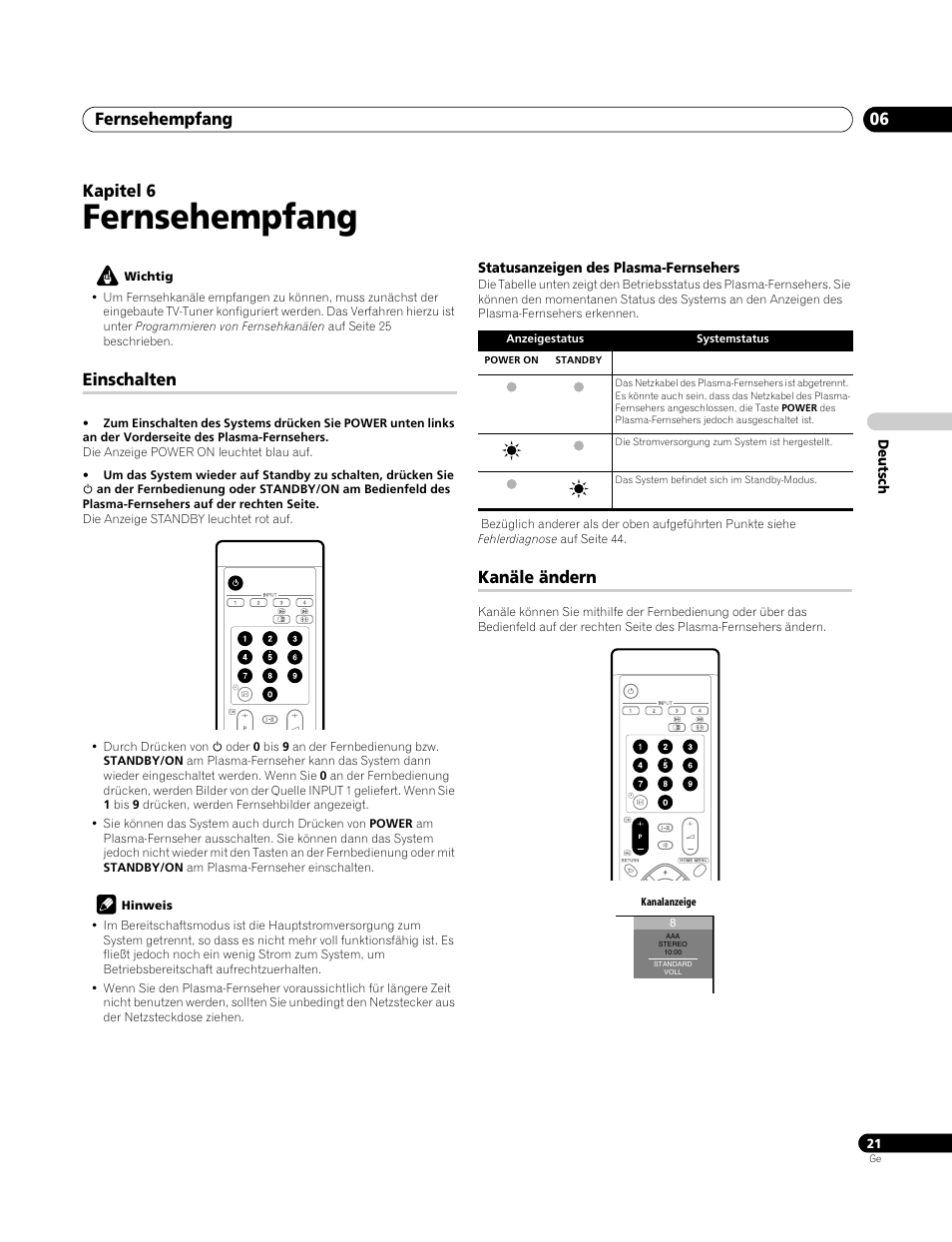 06 fernsehempfang, Einschalten, Statusanzeigen des plasma-fernsehers | Kanäle ändern, Fernsehempfang, Fernsehempfang 06, Kapitel 6 | Pioneer PDP-4270XA User Manual | Page 109 / 267