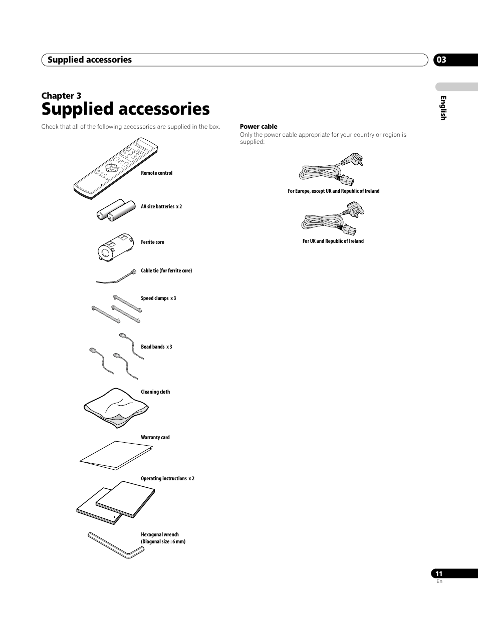 03 supplied accessories, Supplied accessories, Supplied accessories 03 | Chapter 3 | Pioneer PDP-4270XA User Manual | Page 11 / 267