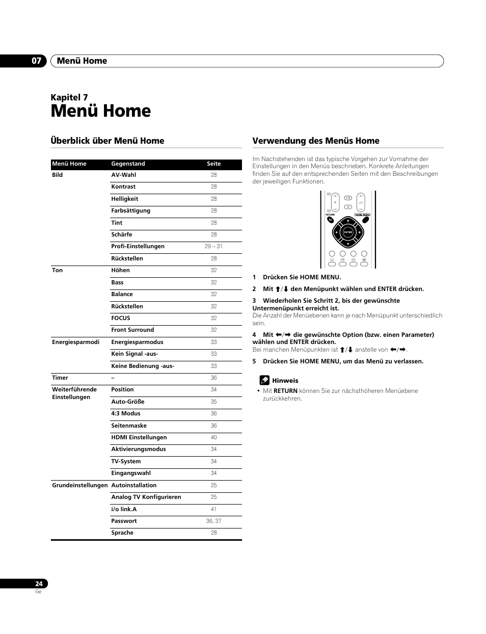 07 menü home, Überblick über menü home, Verwendung des menüs home | Menü home, Menü home 07, Kapitel 7, Überblick über menü home verwendung des menüs home | Pioneer PDP-4270XA User Manual | Page 112 / 267