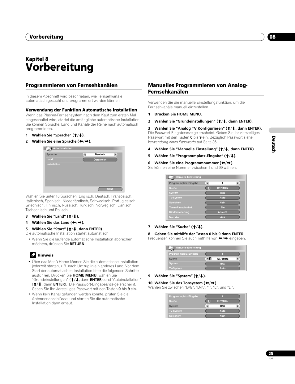 08 vorbereitung, Programmieren von fernsehkanälen, Verwendung der funktion automatische installation | Manuelles programmieren von analog-fernsehkanälen, Vorbereitung, Vorbereitung 08, Kapitel 8, Manuelles programmieren von analog- fernsehkanälen | Pioneer PDP-4270XA User Manual | Page 113 / 267