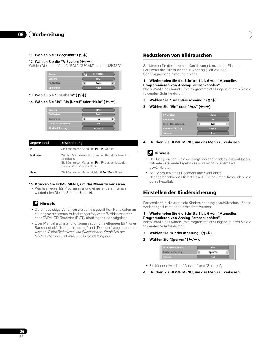 Reduzieren von bildrauschen, Einstellen der kindersicherung, Vorbereitung 08 | Pioneer PDP-4270XA User Manual | Page 114 / 267