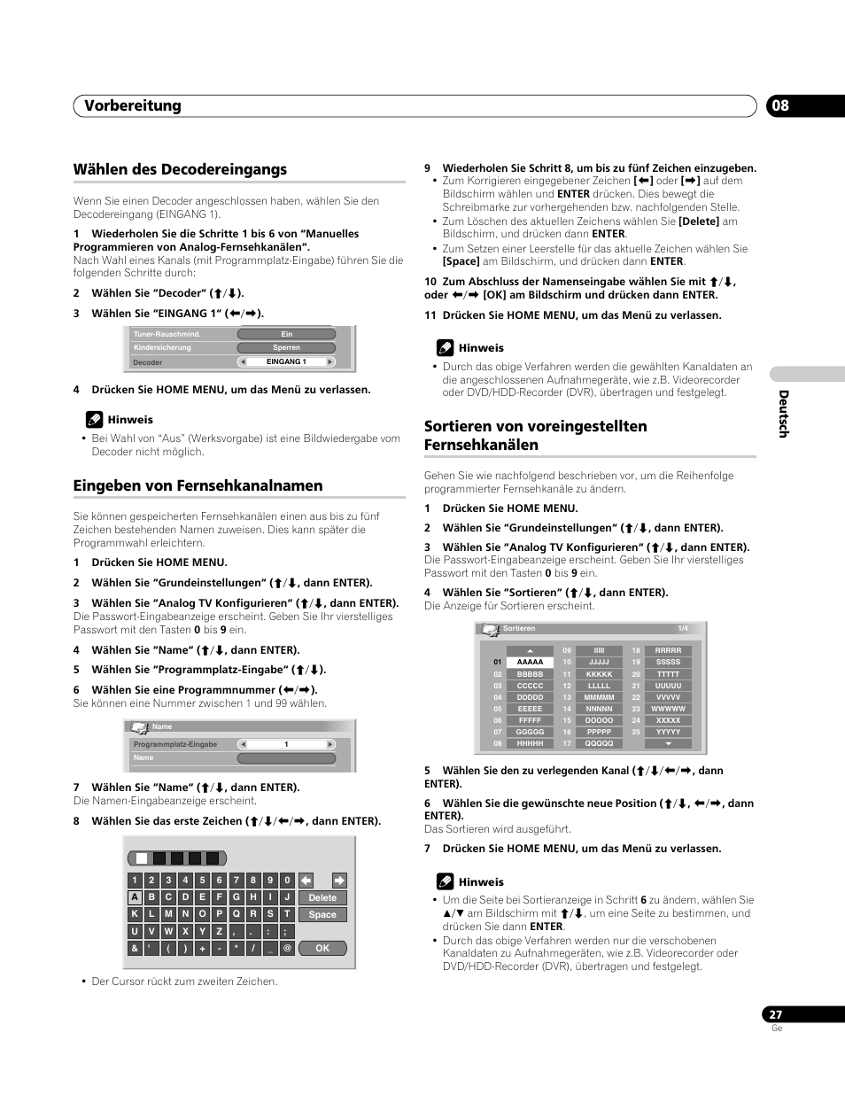 Wählen des decodereingangs, Eingeben von fernsehkanalnamen, Sortieren von voreingestellten fernsehkanälen | Vorbereitung 08, Deutsch | Pioneer PDP-4270XA User Manual | Page 115 / 267
