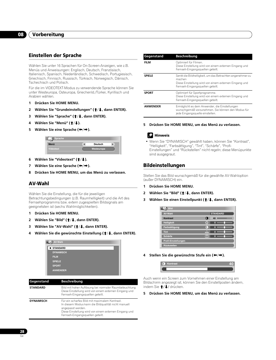 Einstellen der sprache, Av-wahl, Bildeinstellungen | Vorbereitung 08 | Pioneer PDP-4270XA User Manual | Page 116 / 267