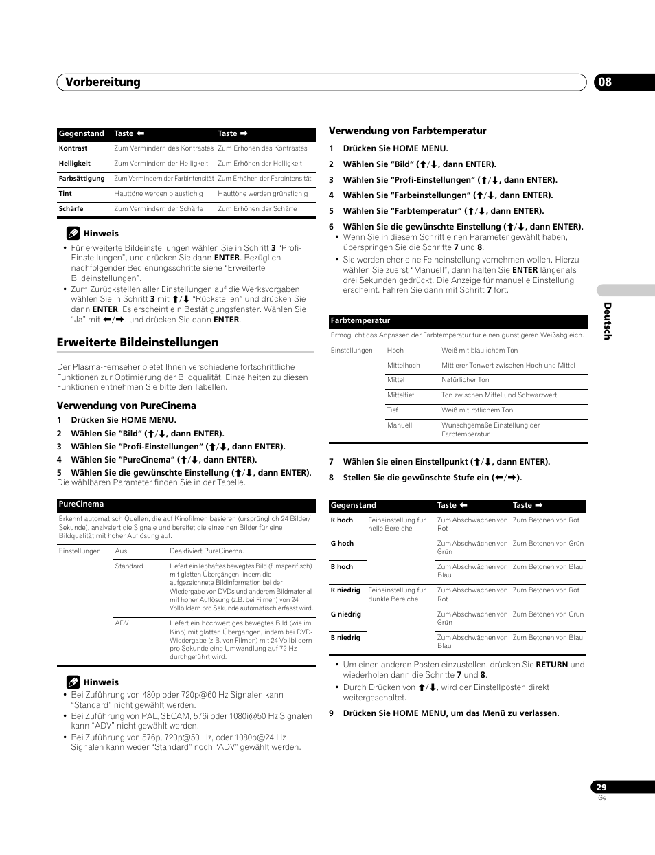 Erweiterte bildeinstellungen, Verwendung von purecinema, Verwendung von farbtemperatur | Vorbereitung 08 | Pioneer PDP-4270XA User Manual | Page 117 / 267
