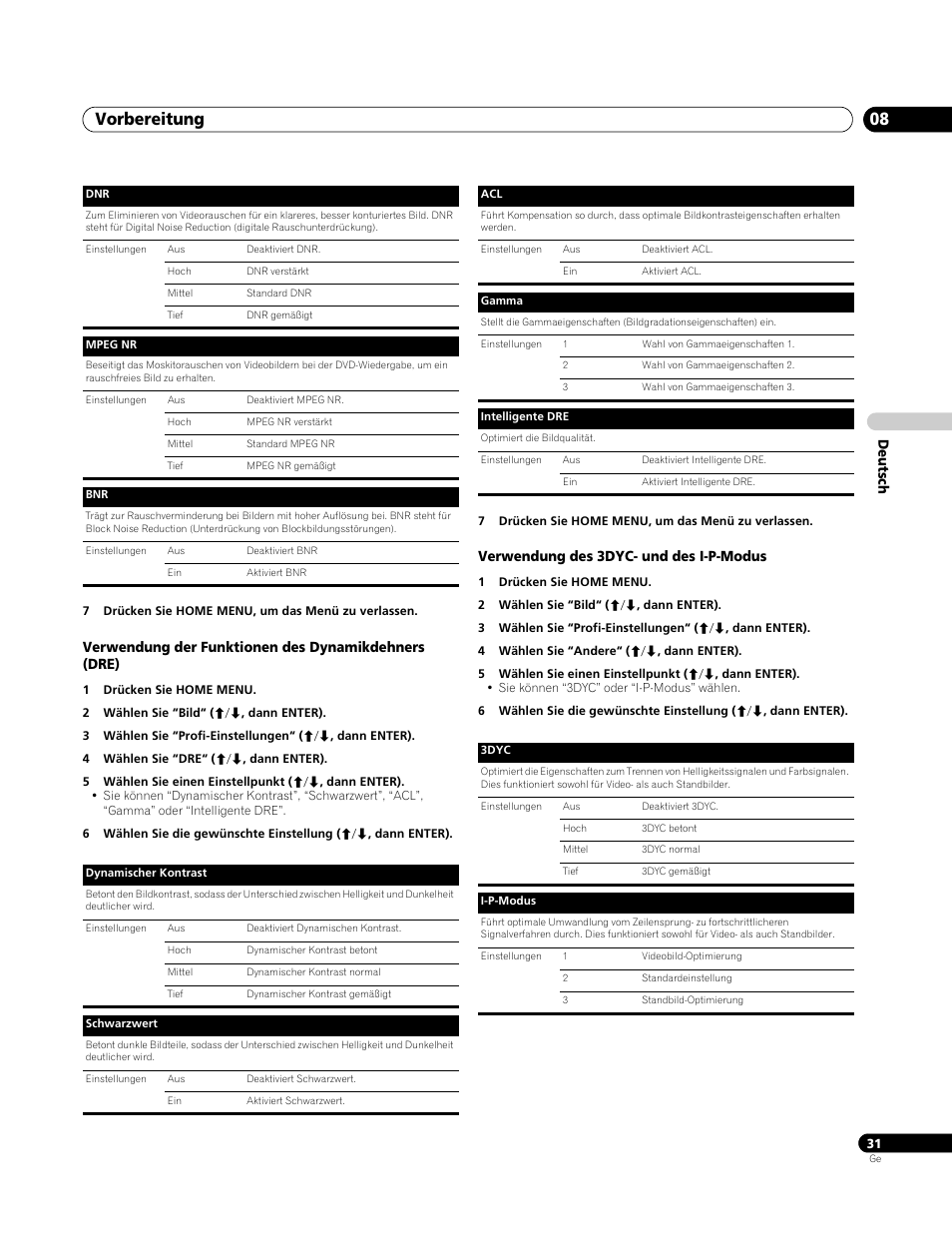 Verwendung der funktionen des dynamikdehners (dre), Verwendung des 3dyc- und des i-p-modus, Vorbereitung 08 | Pioneer PDP-4270XA User Manual | Page 119 / 267