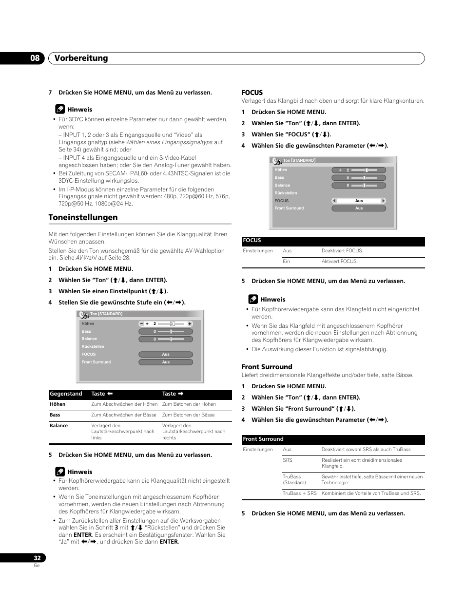 Toneinstellungen, Focus, Front surround | Vorbereitung 08 | Pioneer PDP-4270XA User Manual | Page 120 / 267