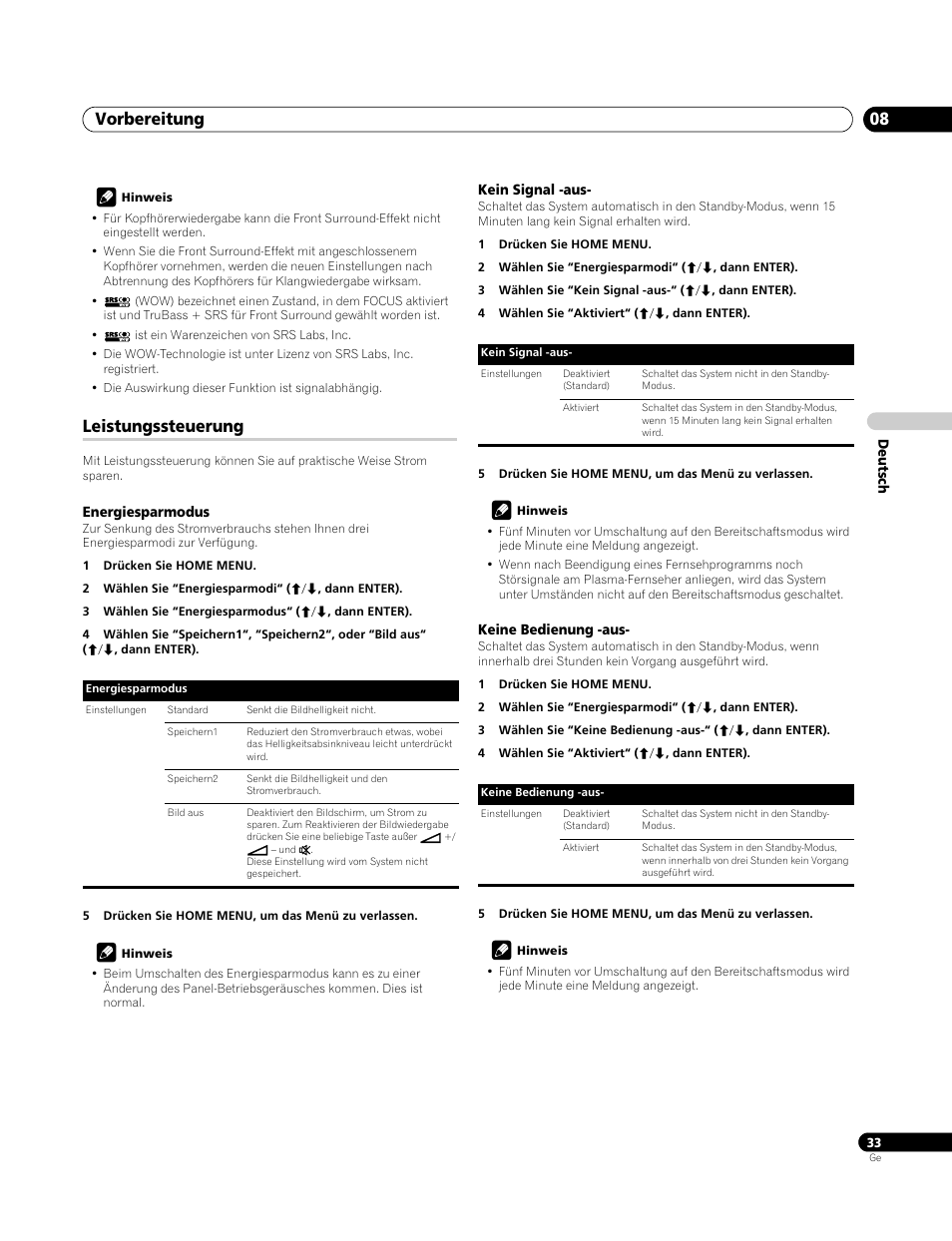 Leistungssteuerung, Energiesparmodus, Kein signal -aus | Keine bedienung -aus, Vorbereitung 08 | Pioneer PDP-4270XA User Manual | Page 121 / 267