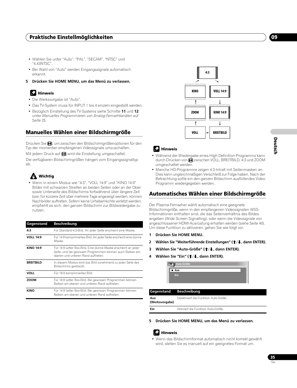 Manuelles wählen einer bildschirmgröße, Automatisches wählen einer bildschirmgröße, Praktische einstellmöglichkeiten 09 | Pioneer PDP-4270XA User Manual | Page 123 / 267